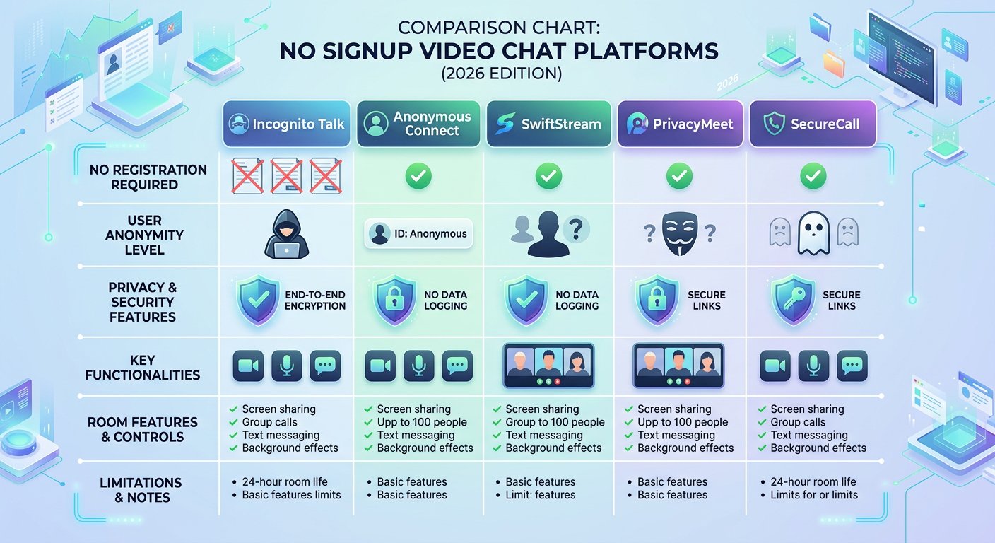 No account video chat platforms comparison 2026