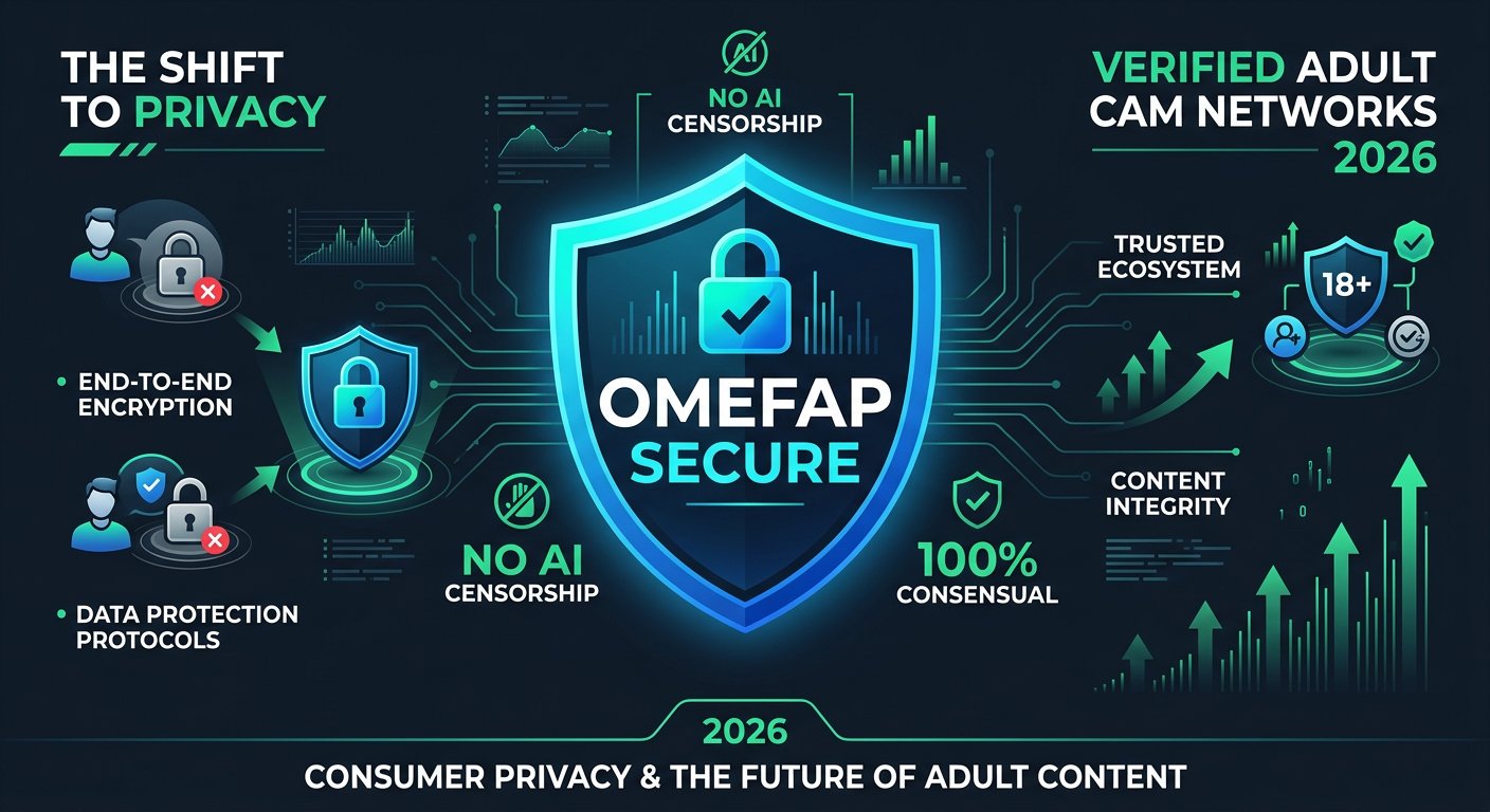 High tech security shield illustrating consumer migration to verified adult cam networks in 2026