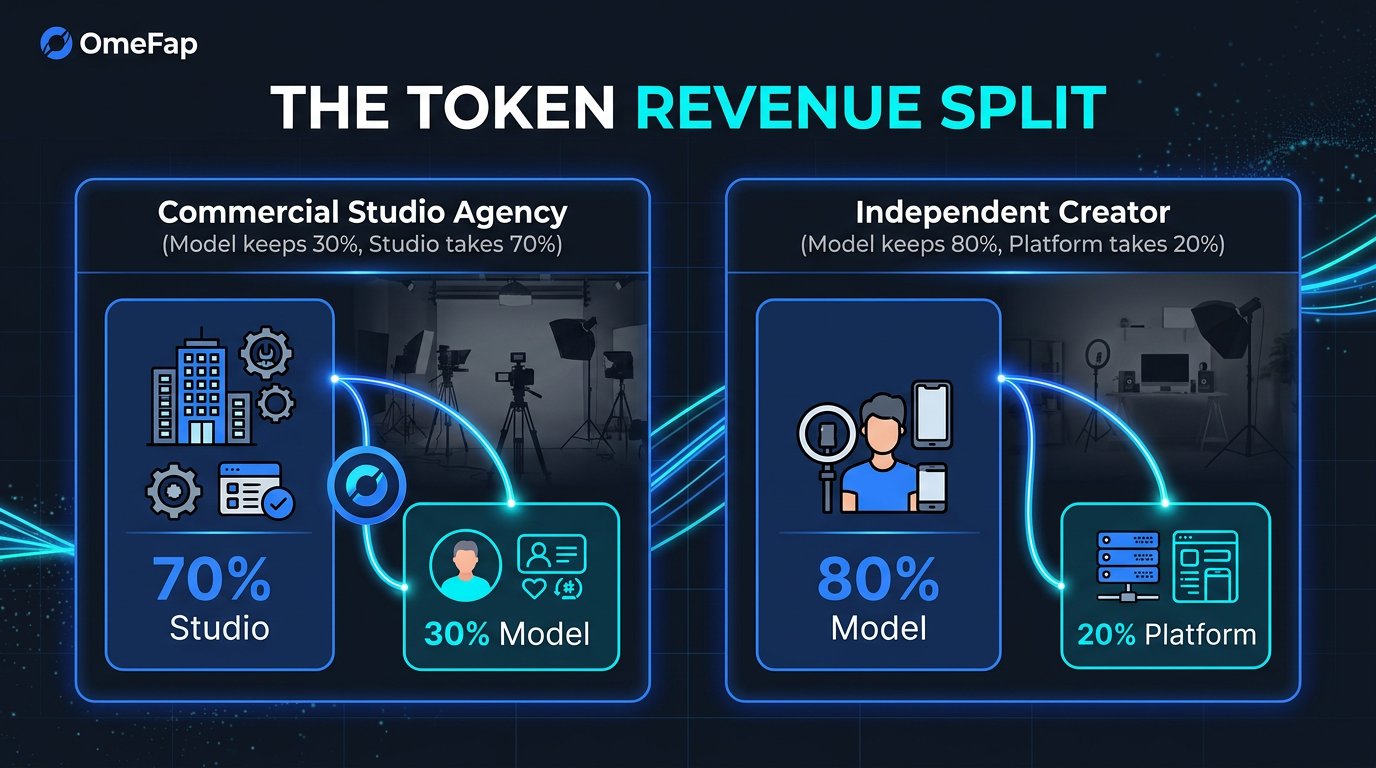 Comparison infographic chart illustrating token revenue splits between commercial agencies and independent creators in 2026