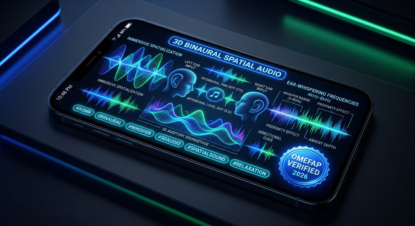 Infographic showing 3D binaural spatial audio waves and ear whispering sound frequencies on adult cam streams in 2026