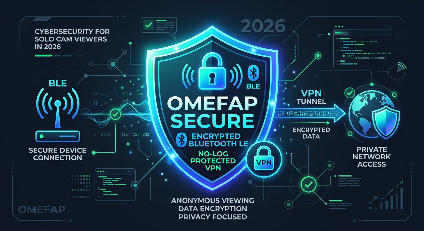 High tech cybersecurity privacy shield protecting Bluetooth Low Energy adult smart toys during online camming in 2026