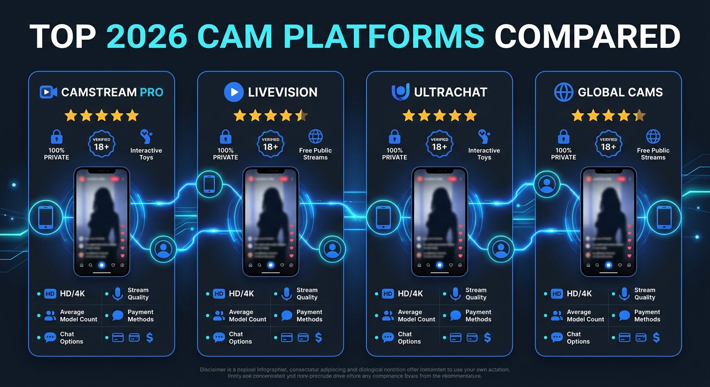 Comparison infographic grid showing top adult cam platforms like Omegle with gold ratings in 2026