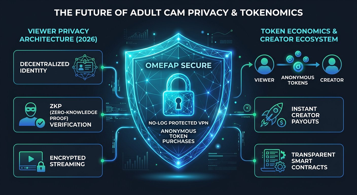 High tech cybersecurity privacy shield protecting adult cam token economics and viewer anonymity with OmeFap branding in 2026