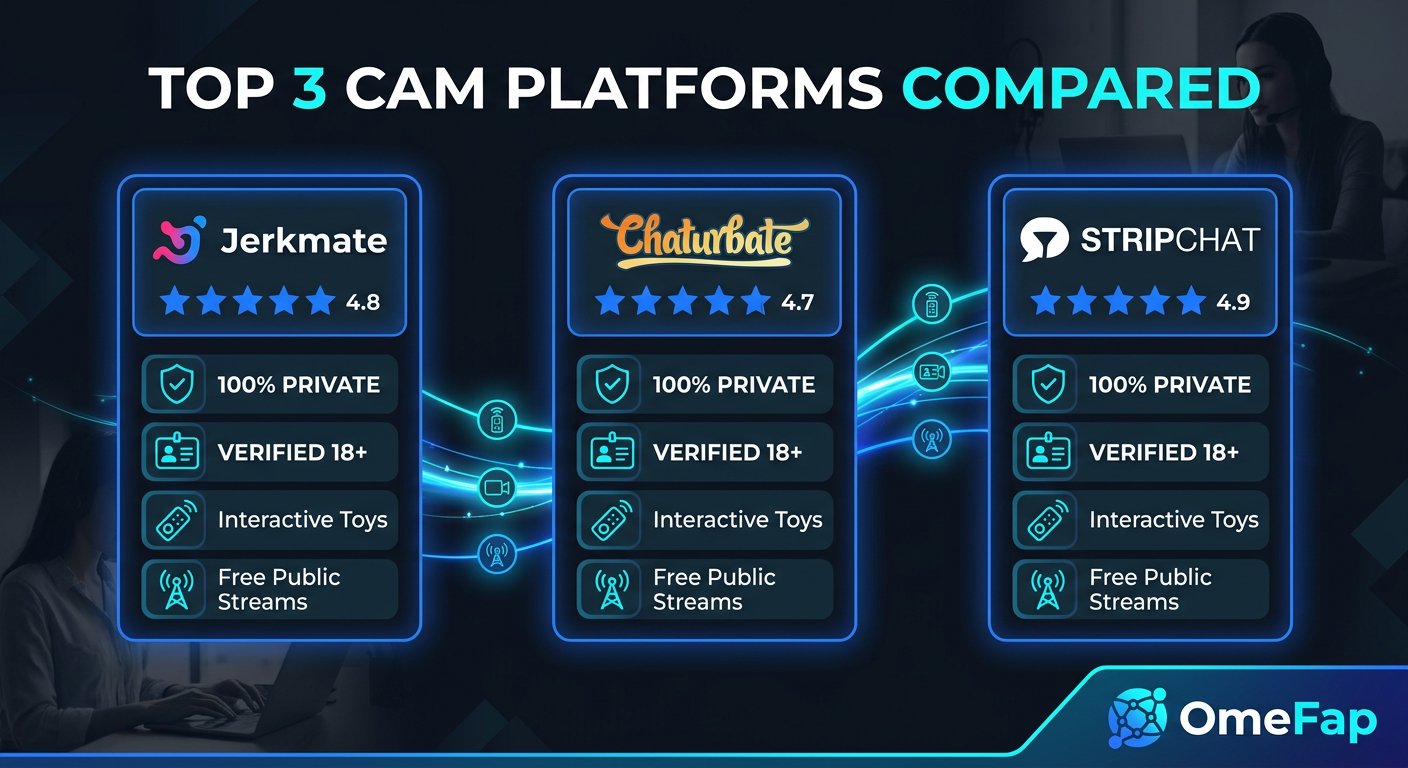 Comparison infographic grid showing Jerkmate Chaturbate and StripChat adult cam platforms with OmeFap branding in 2026