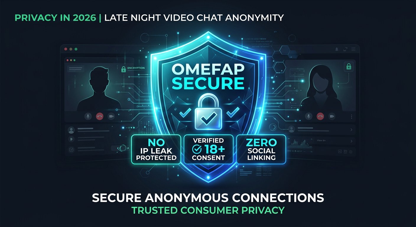 Cybersecurity privacy shield protecting late night video chat anonymity with OmeFap branding in 2026