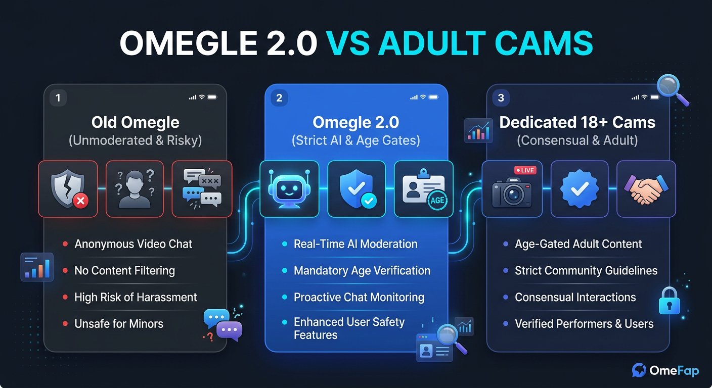 Comparison infographic chart illustrating rumored Omegle 2.0 AI moderation versus dedicated 18+ cam networks in 2026