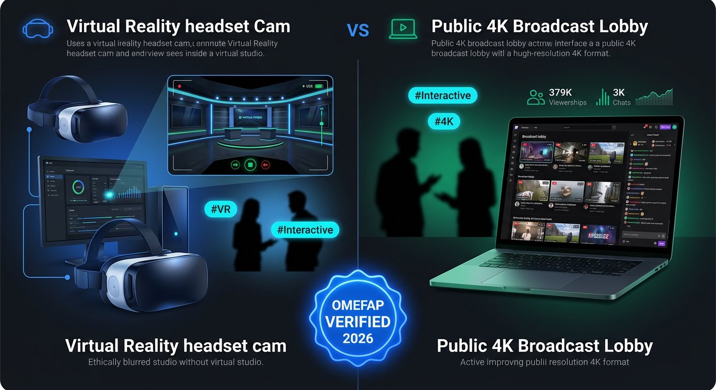 Split screen comparison of Virtual Reality headset cam setup versus public 4K broadcast lobby with OmeFap branding in 2026